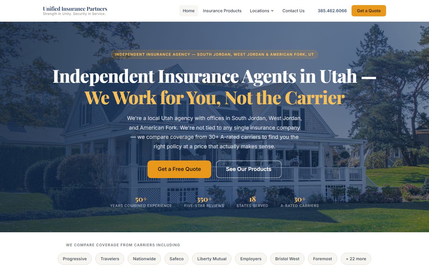 Unified Insurance Partners homepage, built by SmartSites